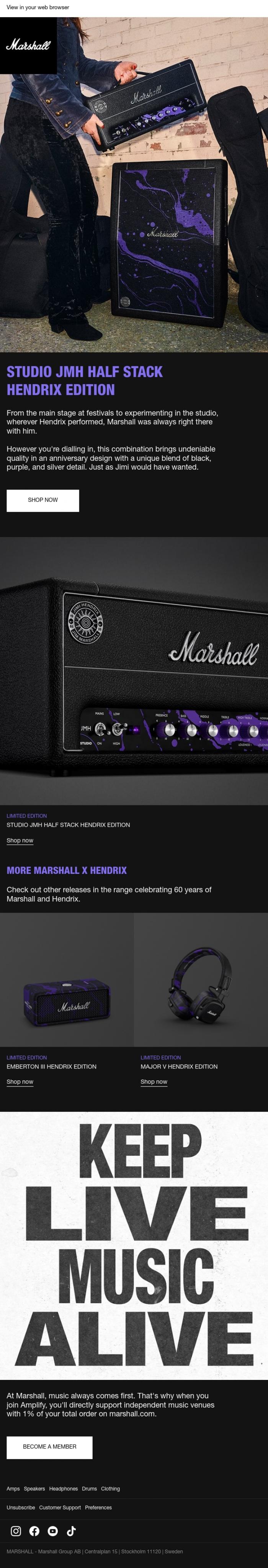 Email Design Inspiration from Marshall, A new Hendrix-inspired half stack design