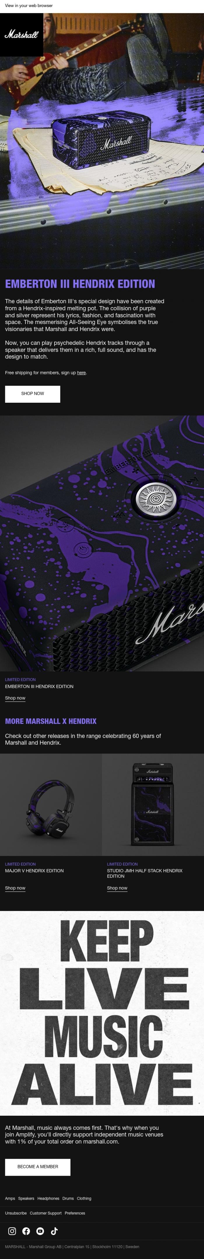 Email Design Inspiration from Marshall, Experience Hendrix with Emberton III
