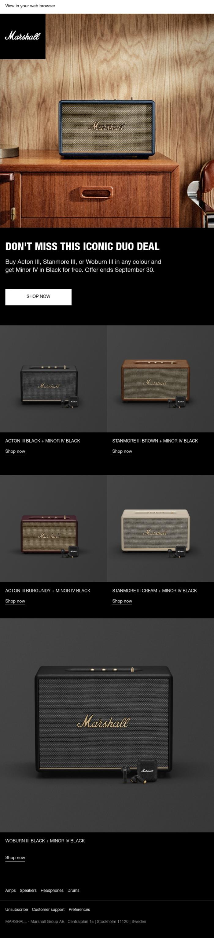 Email Design Inspiration from Marshall, Get Minor IV in Black for free