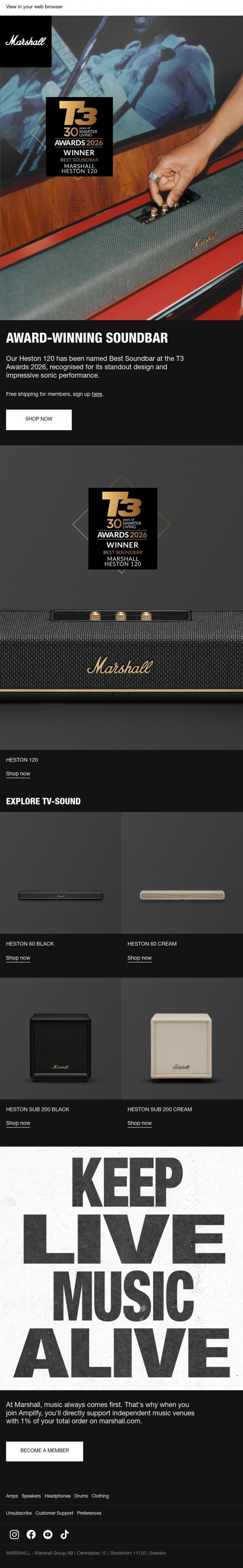 Email Design Inspiration from Marshall, Heston 120 - T3's Best Soundbar 2026