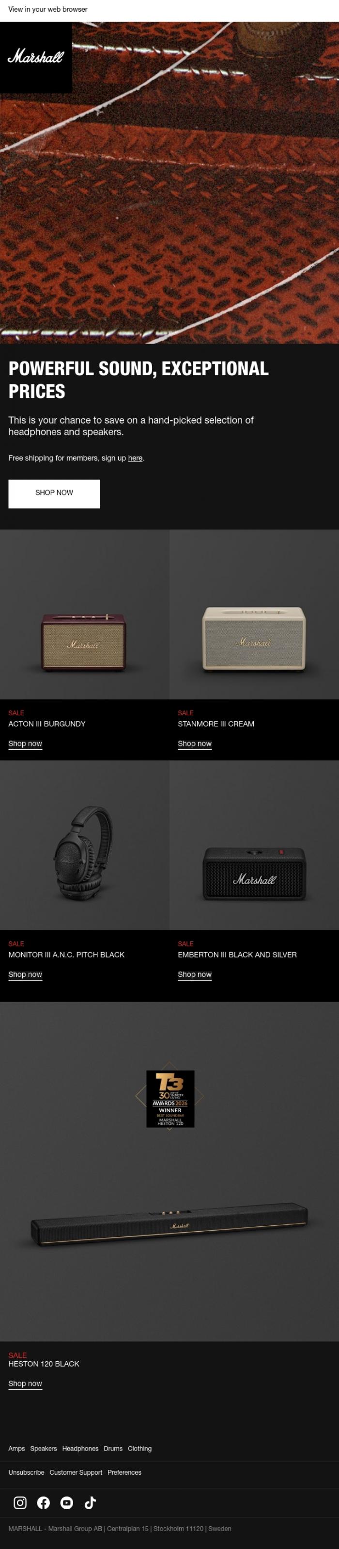 Email Design Inspiration from Marshall, Special Offers