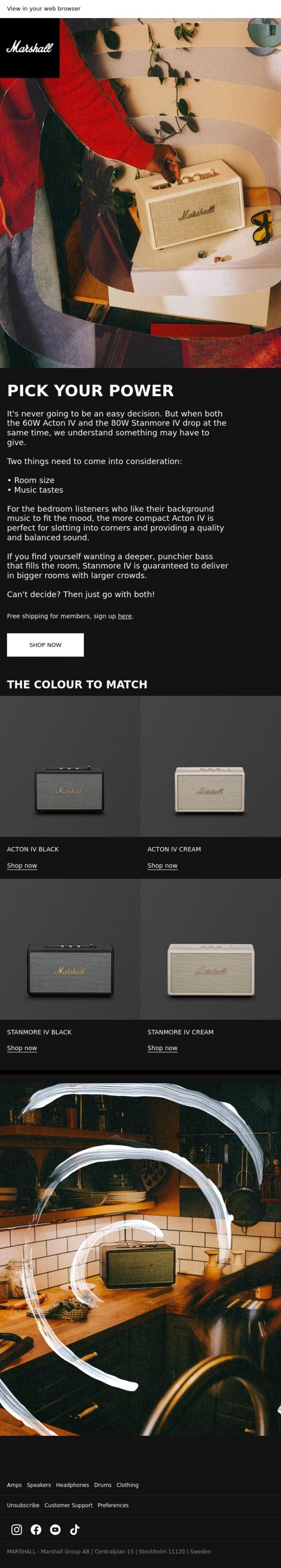 Email Design Inspiration from Marshall, Which speaker will power your home moments?