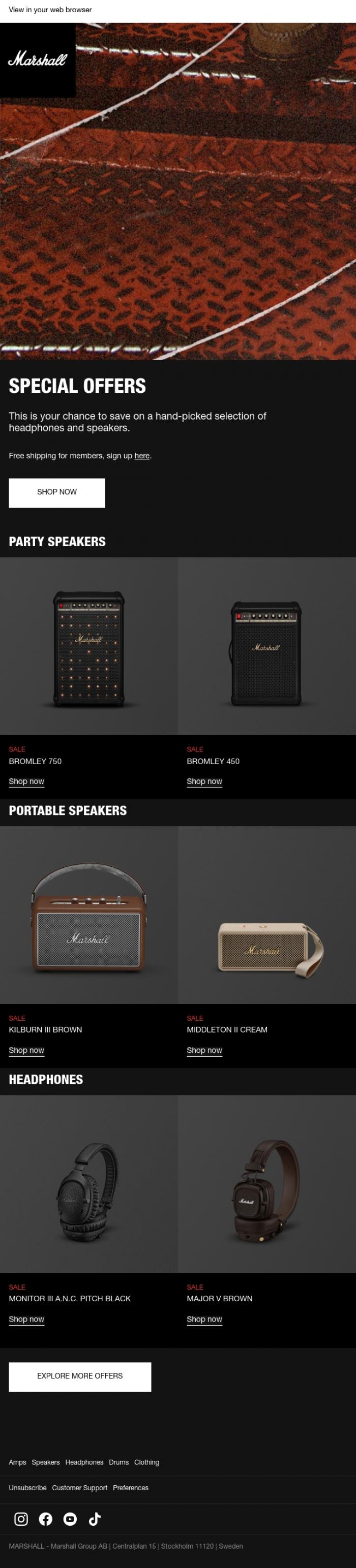 Email Design Inspiration from Marshall, Special Offers