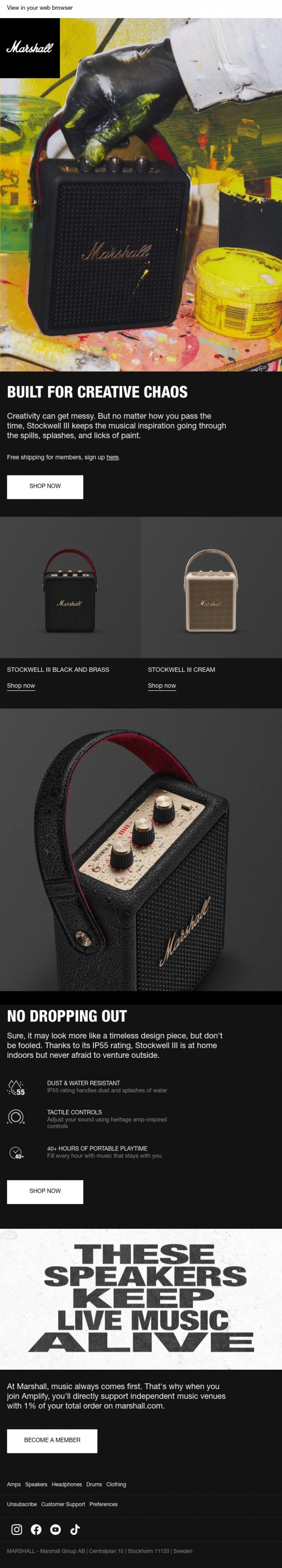 Email Design Inspiration from Marshall, Keep the music flowing through splashes and spills