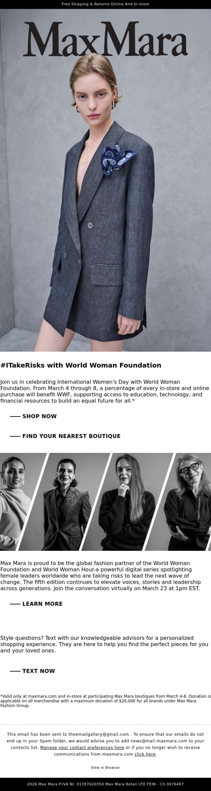 Email Design Inspiration from Max Mara, Celebrate International Women's Day with World Woman Foundation