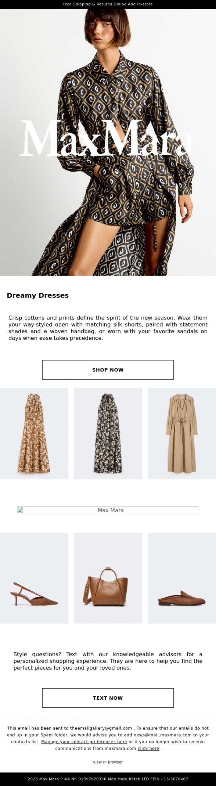 Email Design Inspiration from Max Mara, New Season Dresses