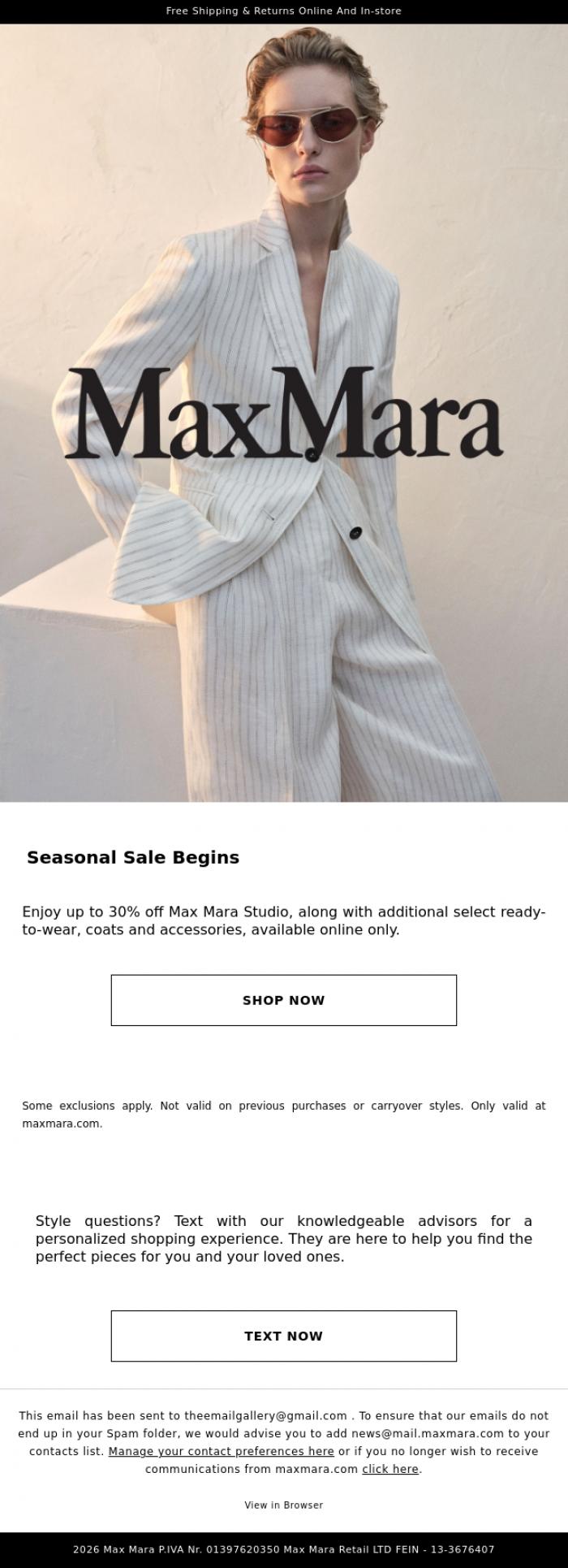 Email Design Inspiration from Max Mara, Spring / Summer 2026 Sale