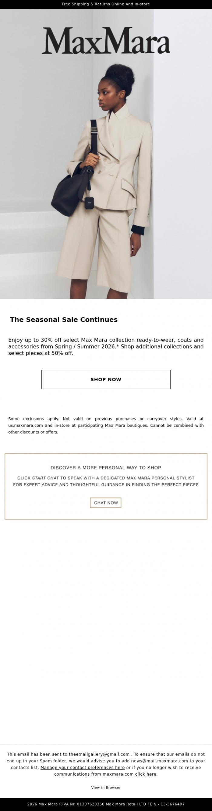 Email Design Inspiration from Max Mara, New Styles Added: Spring/Summer 2026 Sale