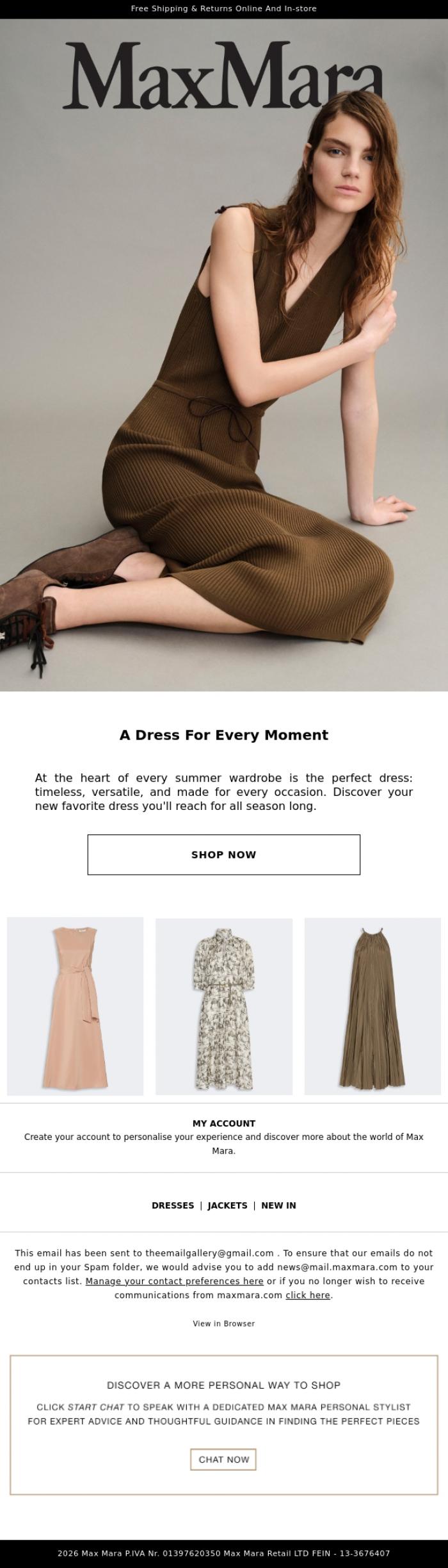 Email Design Inspiration from Max Mara, Just in: New Dresses