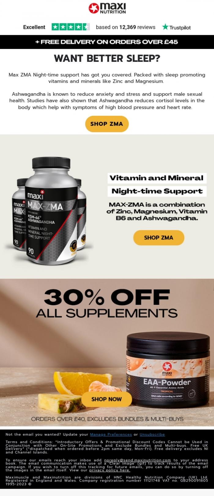 Email Design Inspiration from MaxiNutrition, Want better sleep? 30% Off ZMA's - Ends Tonight!