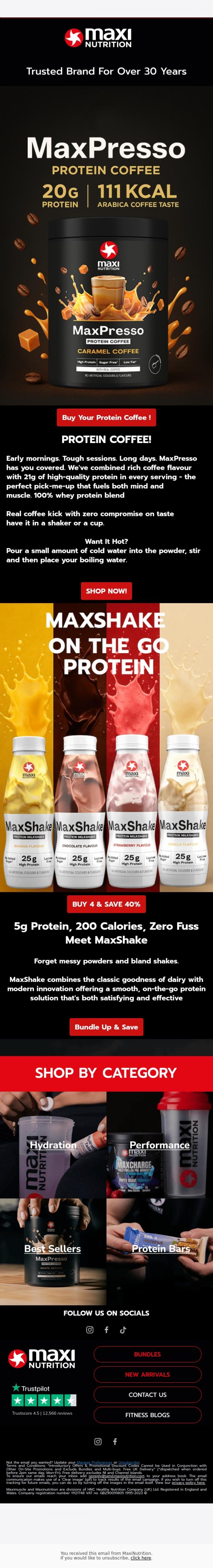 Email Design Inspiration from MaxiNutrition, your coffee, upgraded: introducing MaxPresso ☕+💪