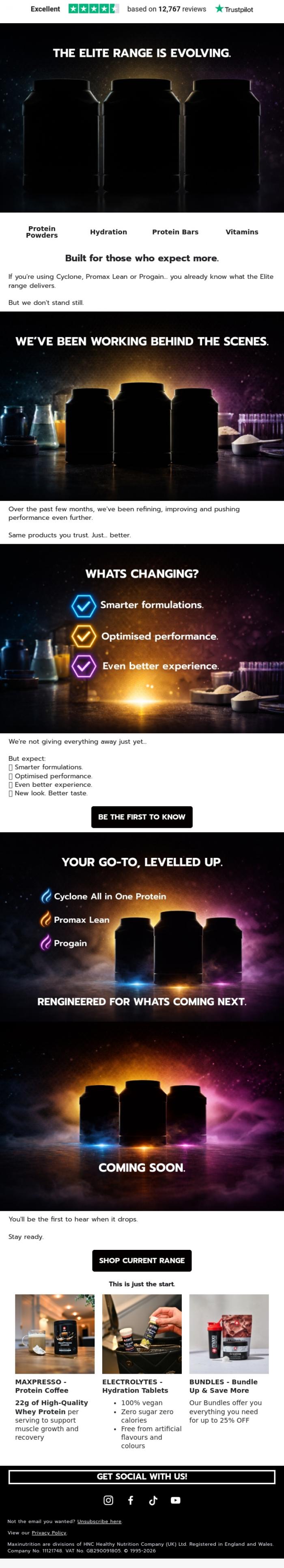 Email Design Inspiration from MaxiNutrition, Your Elite Range is evolving...