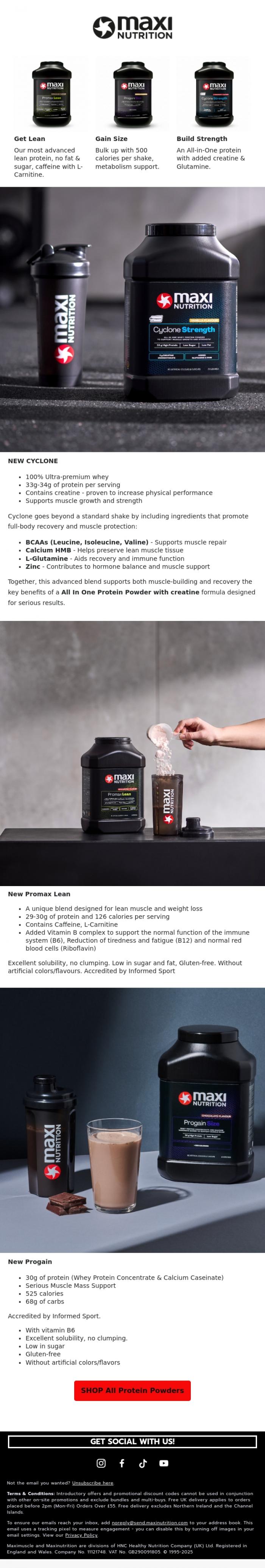 Email Design Inspiration from MaxiNutrition, RESTOCK Of Cyclone, Promax Lean & Progain