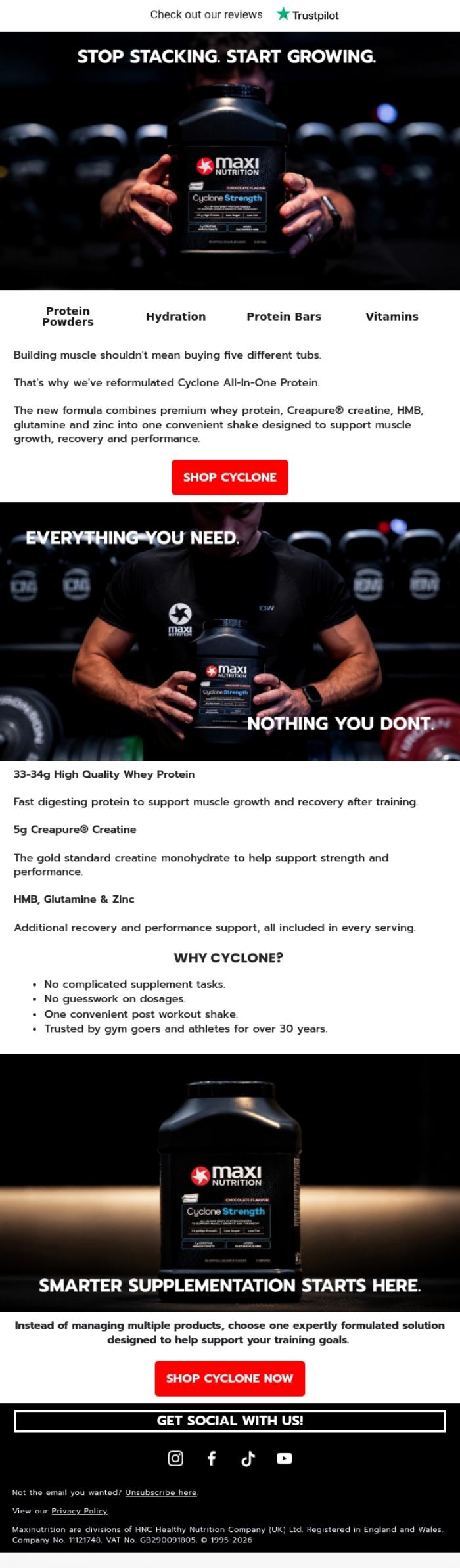 Email Design Inspiration from MaxiNutrition, NEW Cyclone Has Arrived 💥