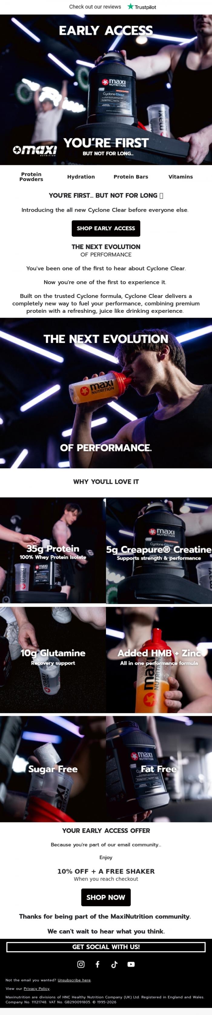 Email Design Inspiration from MaxiNutrition, Don't Miss Out: Shop Early Access