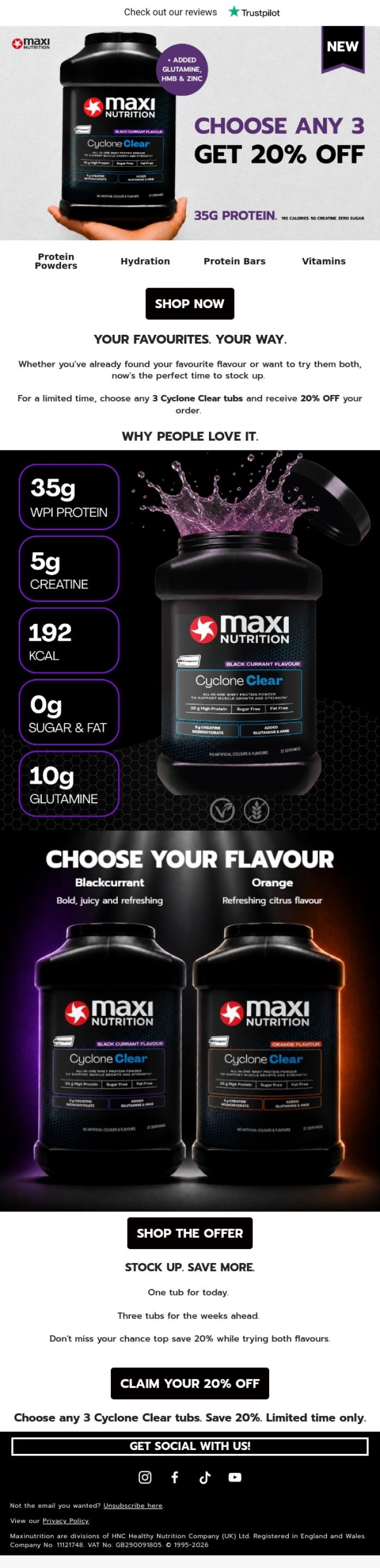 Email Design Inspiration from MaxiNutrition, Mix. Match. Save 20%
