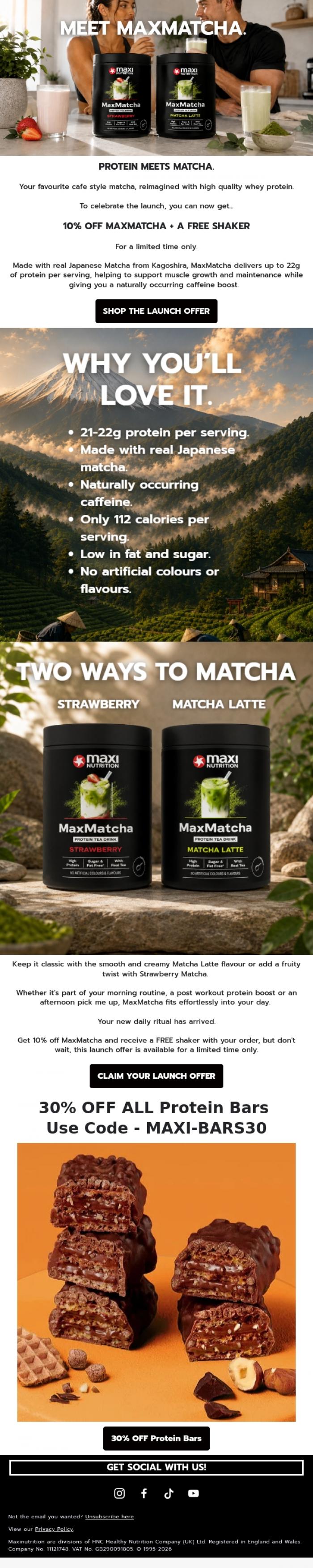 Email Design Inspiration from MaxiNutrition, NEW: MaxMatcha Has Arrived 🍵