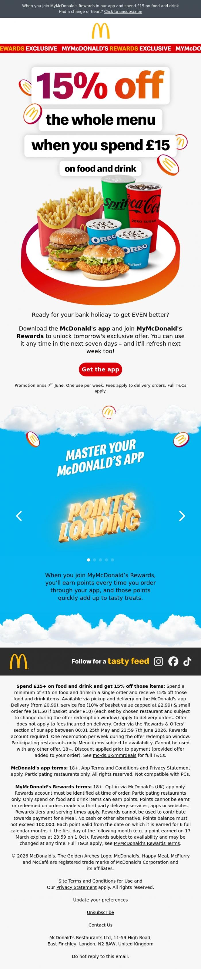 Email Design Inspiration from McDonald's, Get 15% off the whole menu... any day this week 😎 