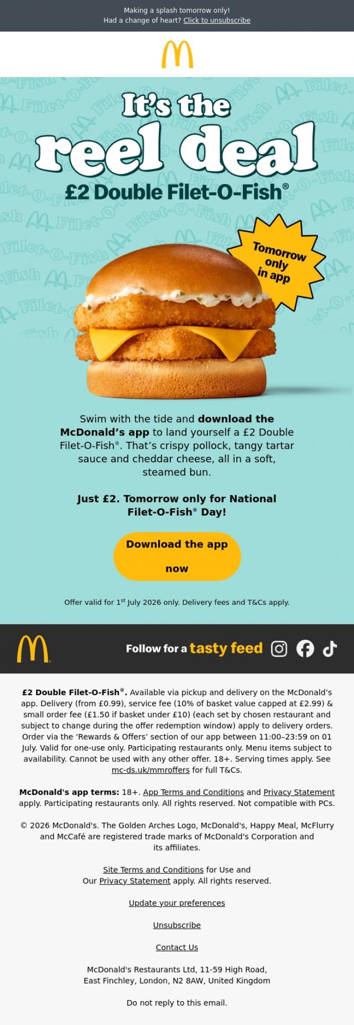 Email Design Inspiration from McDonald's, &pound;2 Double Filet-O-Fish&reg;🎣only in the app