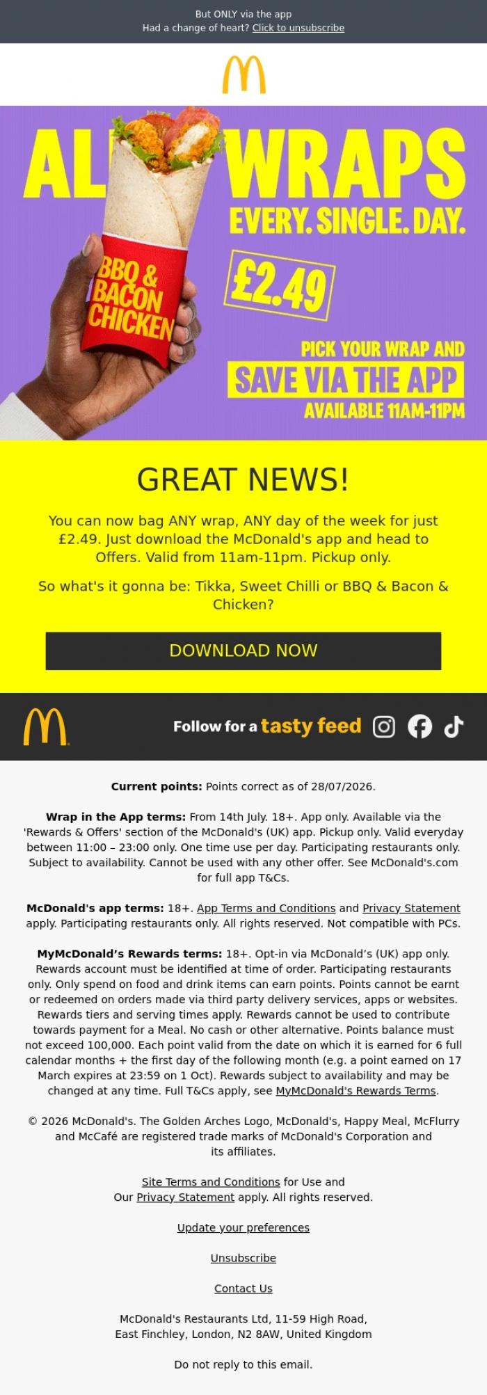 Email Design Inspiration from McDonald's, 🔥 &pound;2.49 wrap, EVERY day of the week 🔥