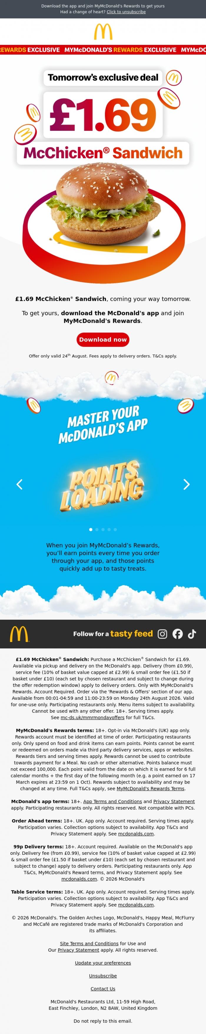 Email Design Inspiration from McDonald's, Tomorrow only: McChicken&reg; Sandwich for &pound;1.69 