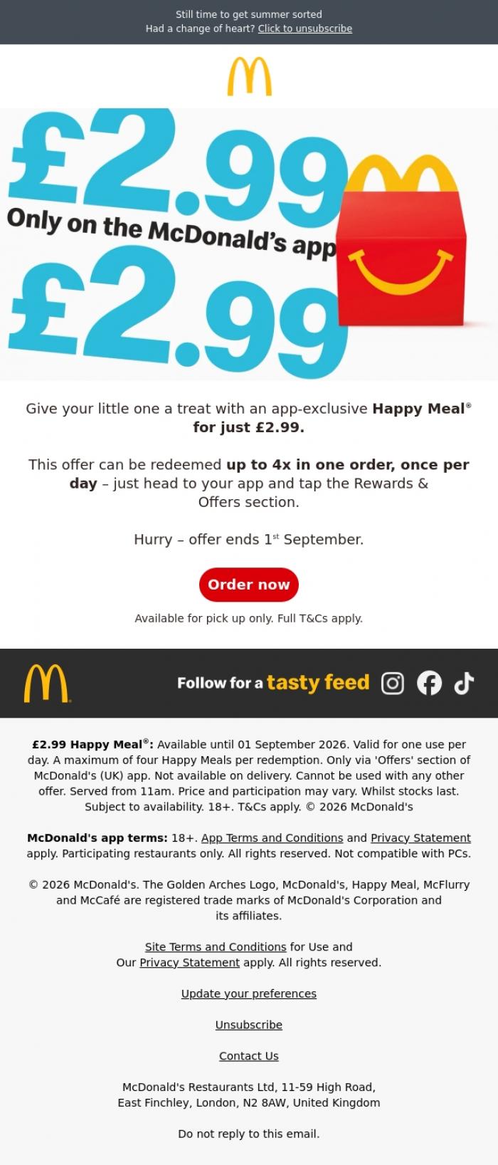 Email Design Inspiration from McDonald's, &pound;2.99 Happy Meal&reg;, ends soon 🍟