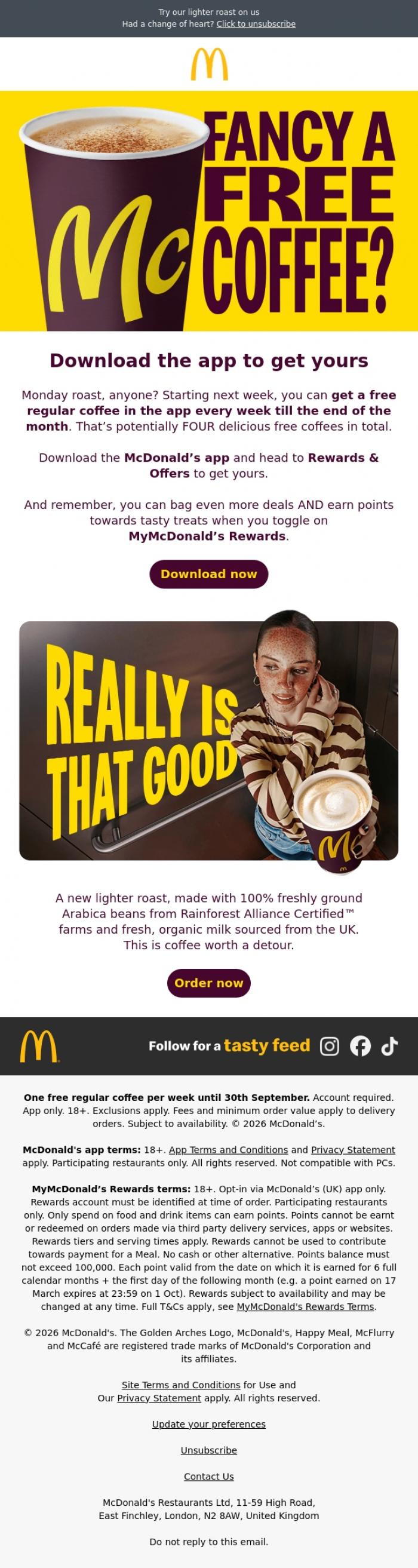 Email Design Inspiration from McDonald's, Fancy a free coffee? 🤔