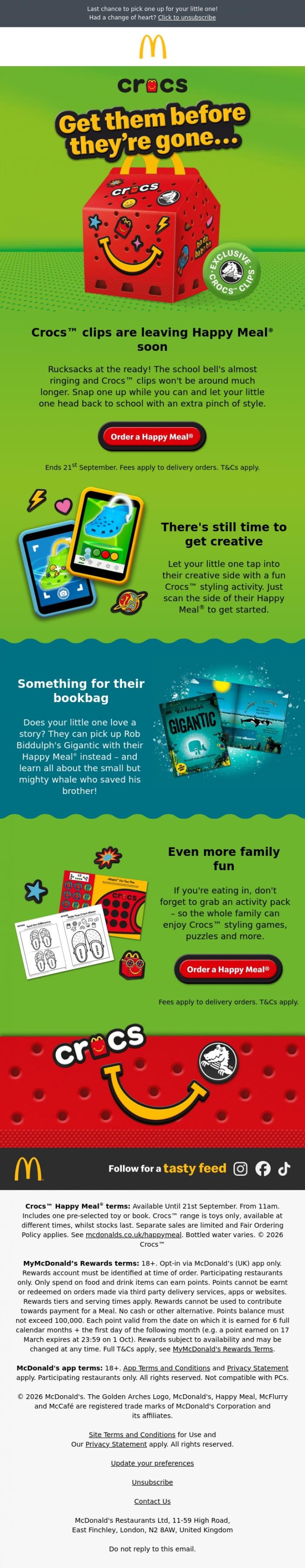 Email Design Inspiration from McDonald's, Crocs&trade; clips are leaving Happy Meal&reg; soon ⏰