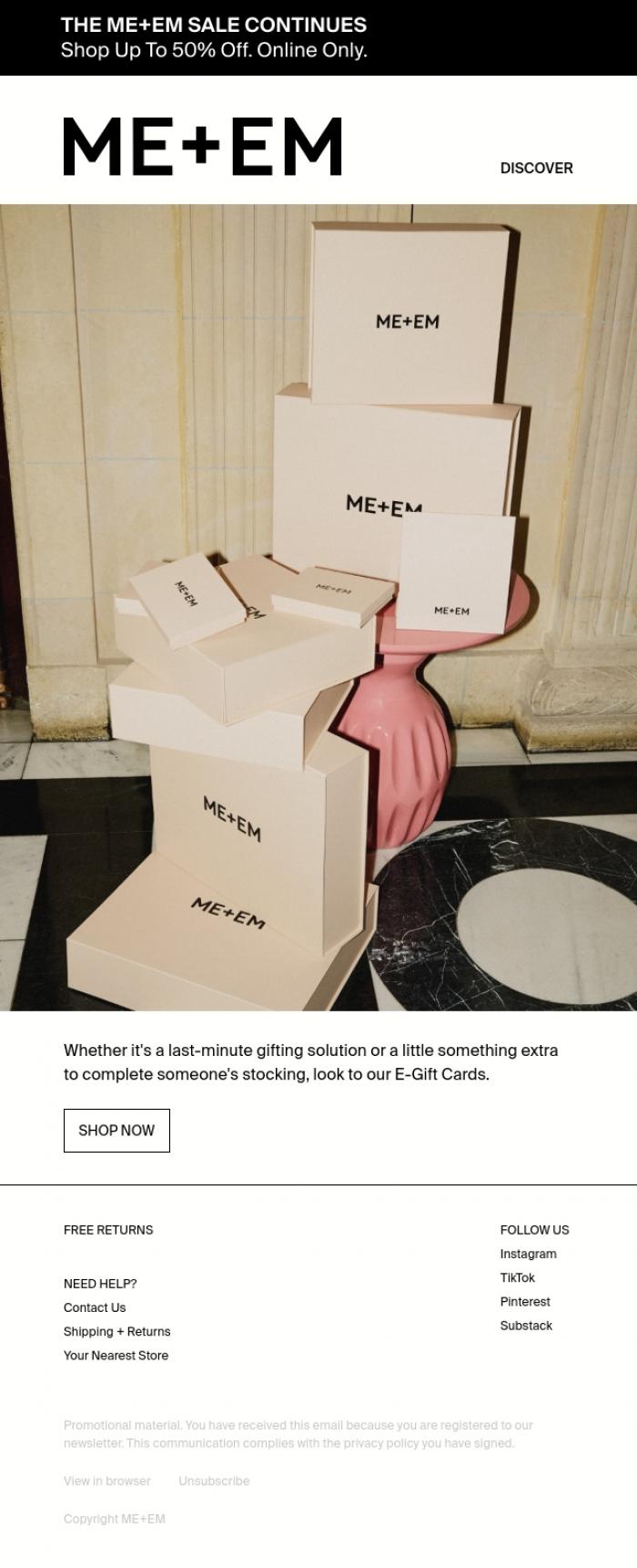 Email Design Inspiration from ME+EM, Last Minute Gifting | E-Gift Cards