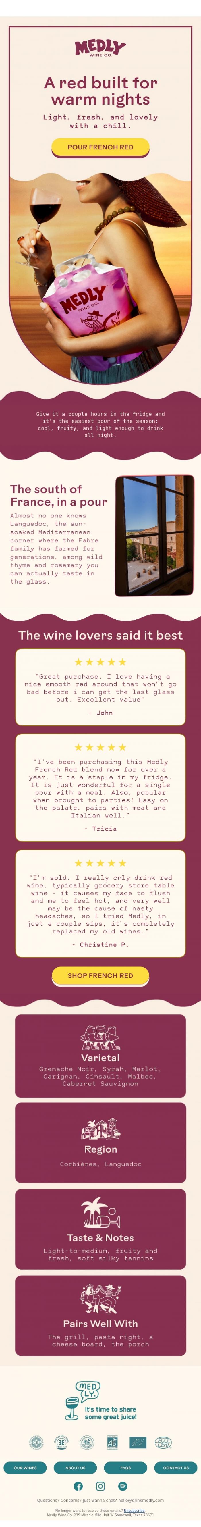 Email Design Inspiration from Medly, who told you to put the red away? 🍷