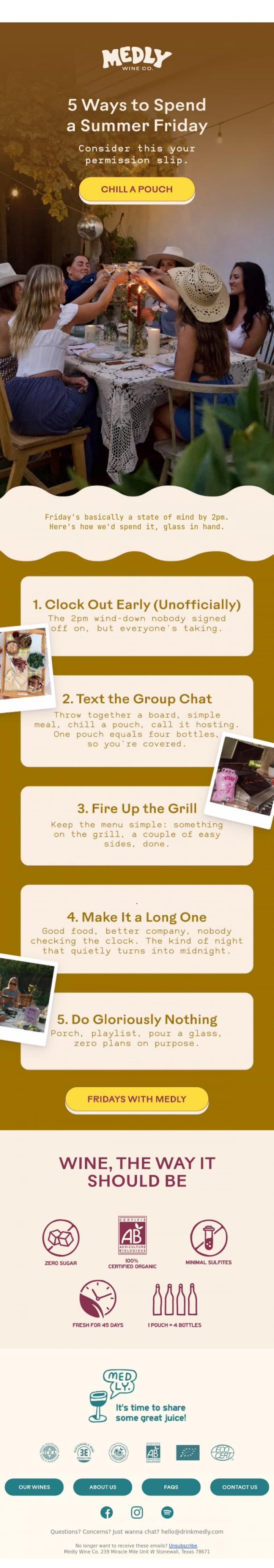 Email Design Inspiration from Medly, 5 ways to spend a summer Friday 🍷