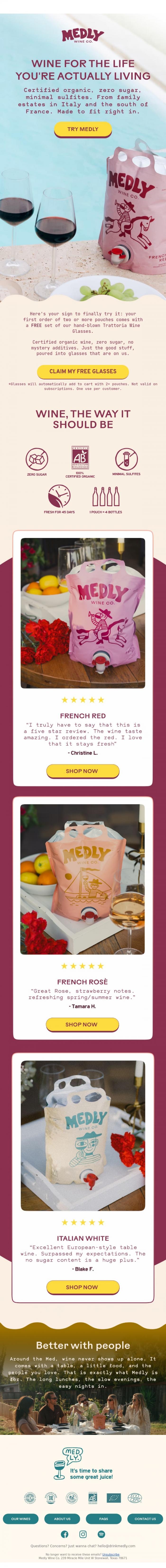 Email Design Inspiration from Medly, Glad you stopped by... we saved you something 🍷