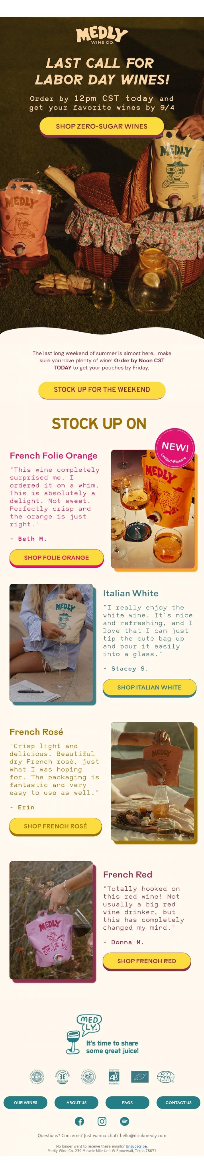 Email Design Inspiration from Medly, Last call for Labor Day Weekend wines!