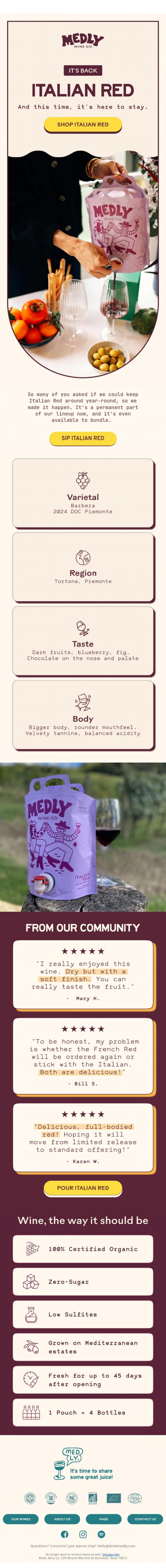 Email Design Inspiration from Medly, Italian Red is back (for good) 🍇