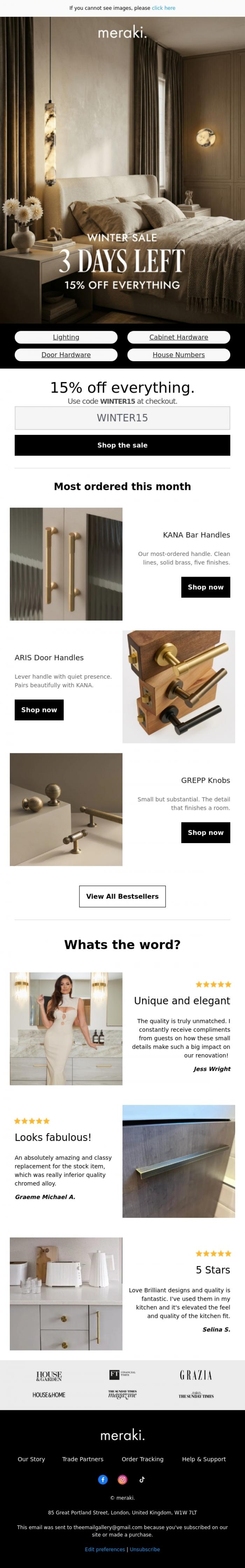 Email Design Inspiration from meraki., Your 15% off ends this Saturday