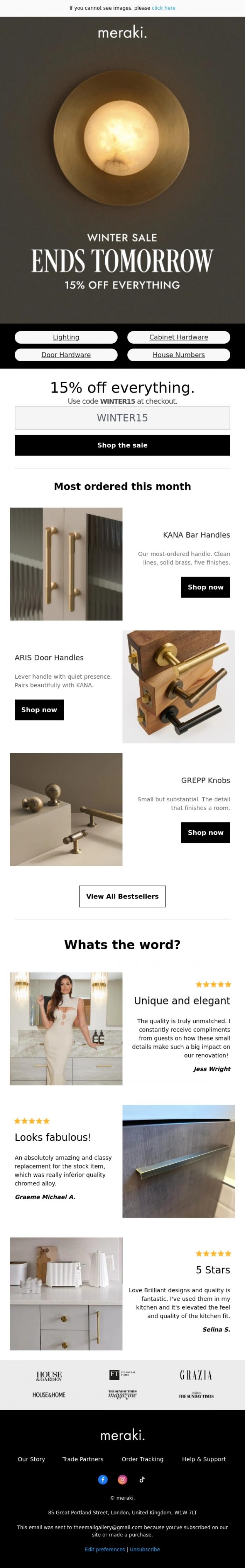 Email Design Inspiration from meraki., Your last full day to save 15%