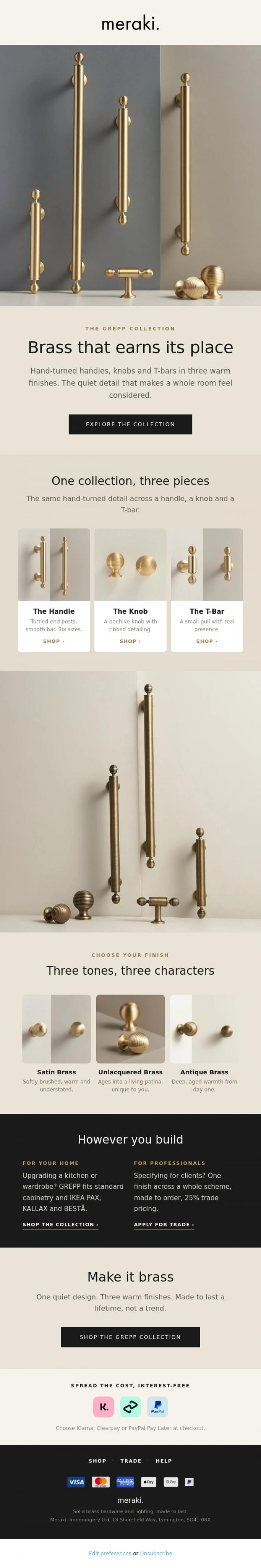 Email Design Inspiration from meraki., Brass that earns its place