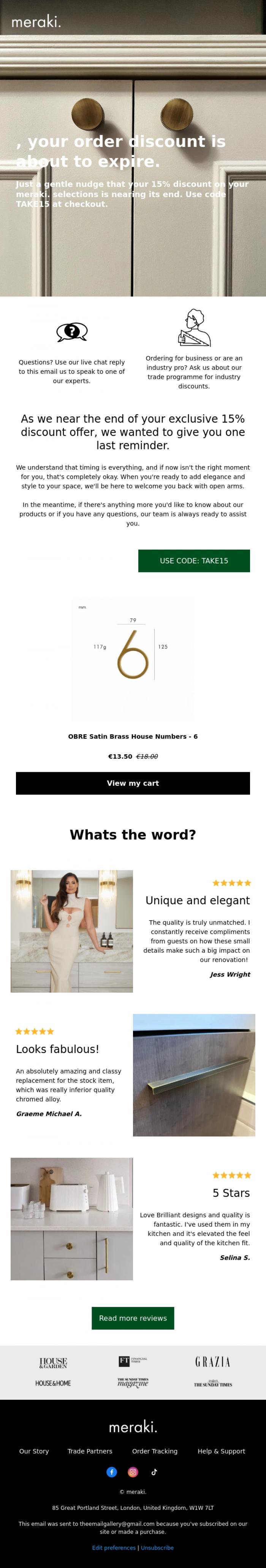 Email Design Inspiration from meraki., Your discount ends soon ⏰