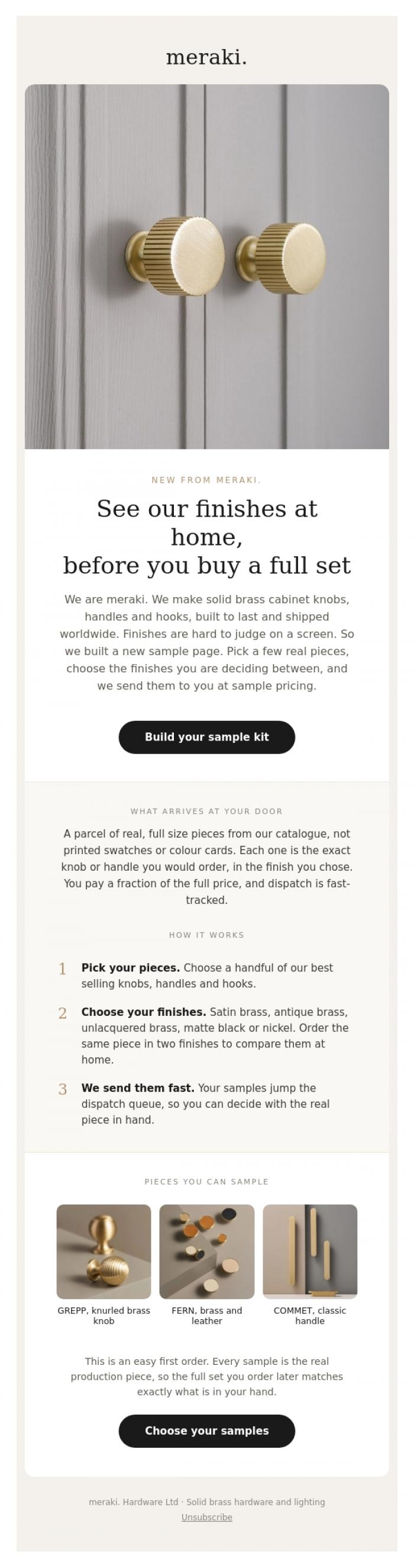 Email Design Inspiration from meraki., New: build your own brass sample kit