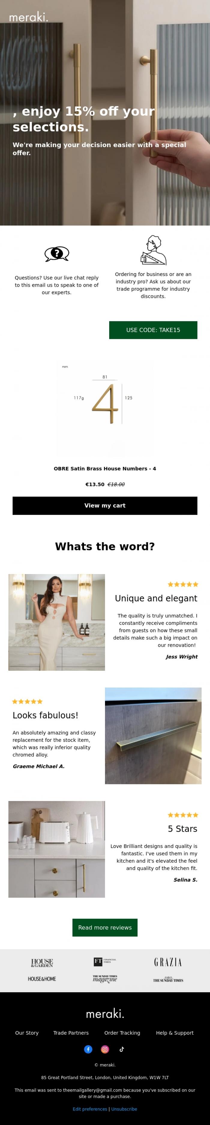 Email Design Inspiration from meraki., 15% off your curated selections