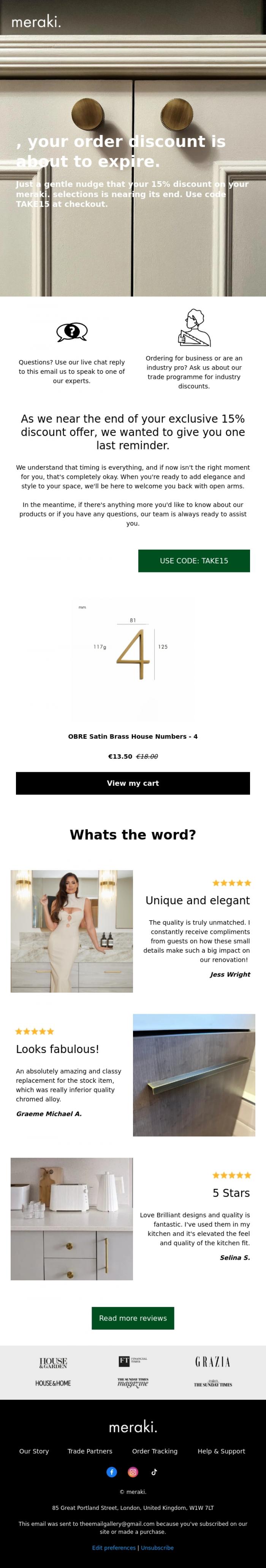 Email Design Inspiration from meraki., Your discount ends soon ⏰