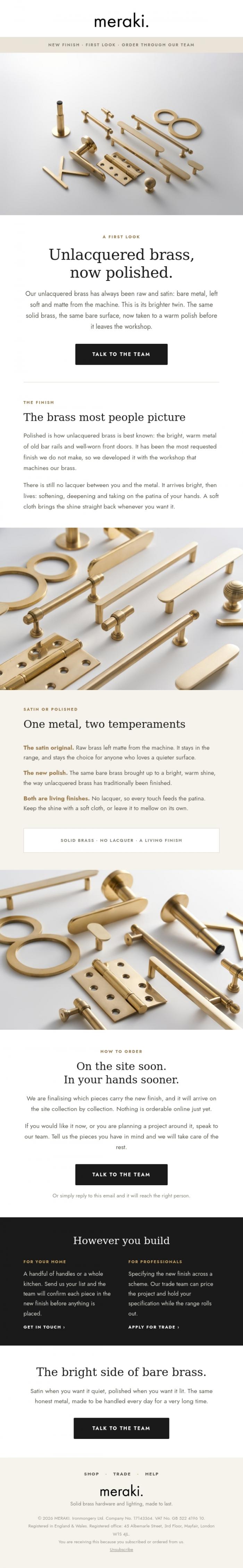 Email Design Inspiration from meraki., First look: Polished Unlacquered Brass