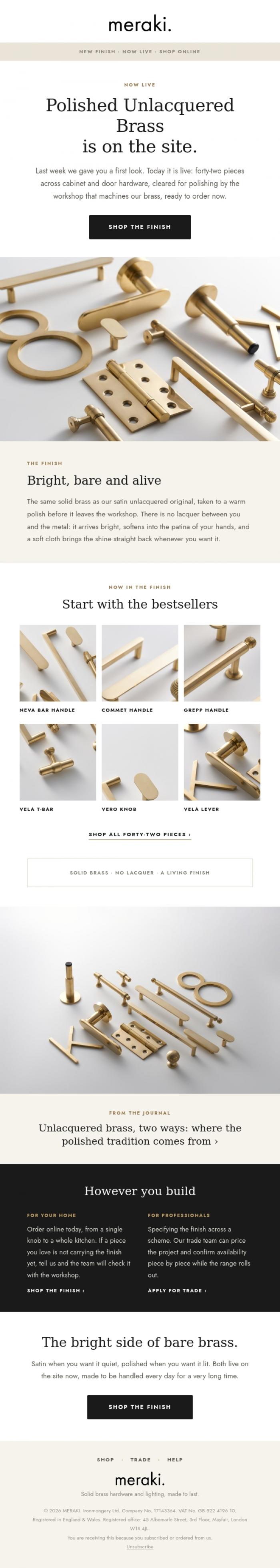 Email Design Inspiration from meraki., New: Polished Unlacquered Brass