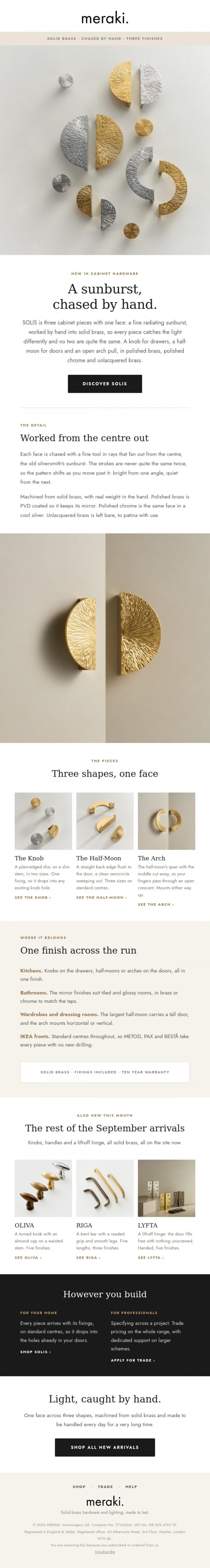 Email Design Inspiration from meraki., New: SOLIS, brass chased by hand