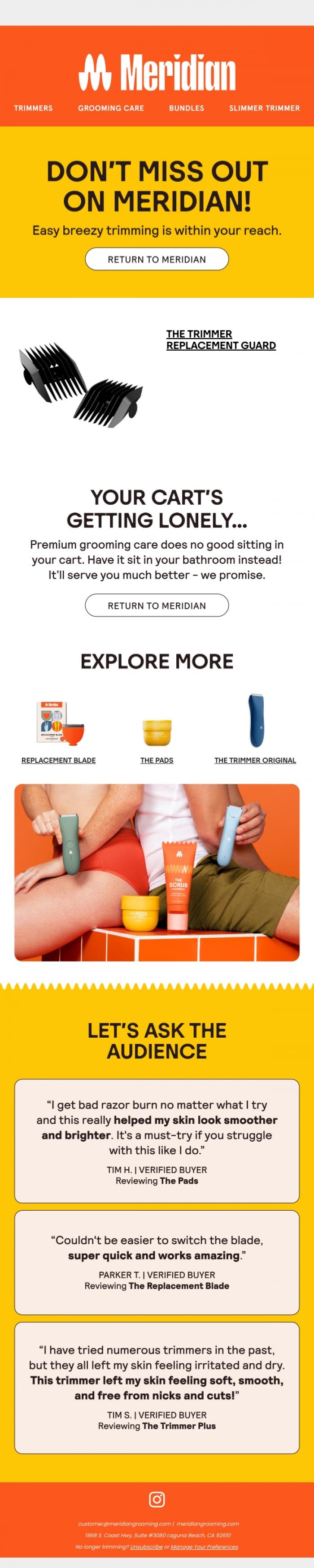 Email Design Inspiration from Meridian, Your Cart Won't Wait Forever!