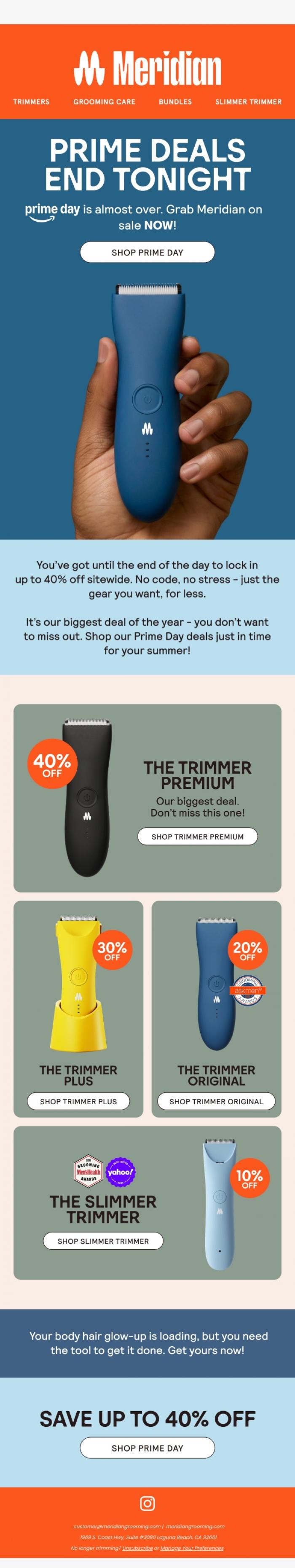 Email Design Inspiration from Meridian, Last Day for Prime Savings! 🛍️