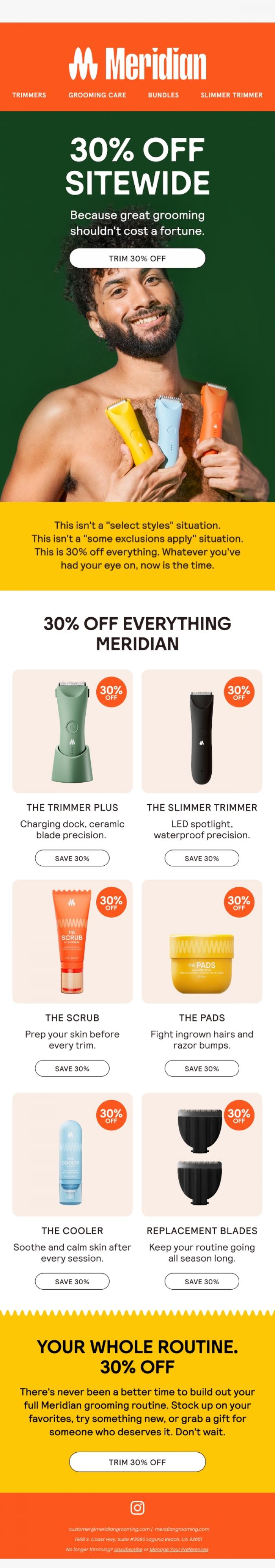 Email Design Inspiration from Meridian, 30% off everything. Yes, everything.