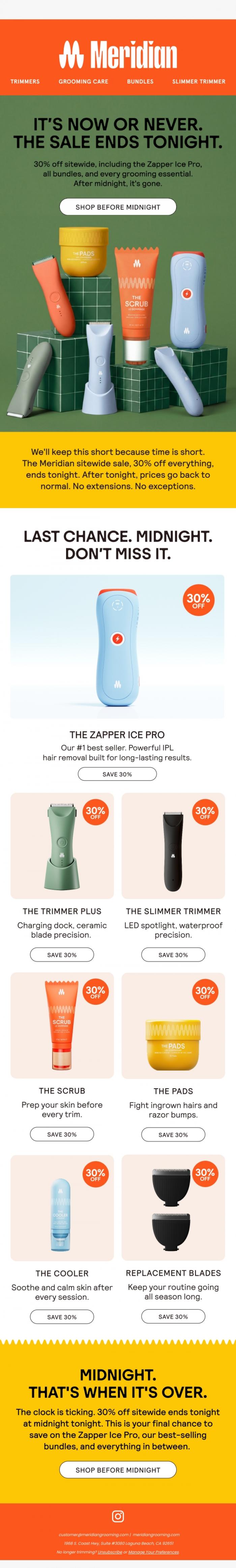 Email Design Inspiration from Meridian, Ends tonight. 30% off sitewide. Last call.