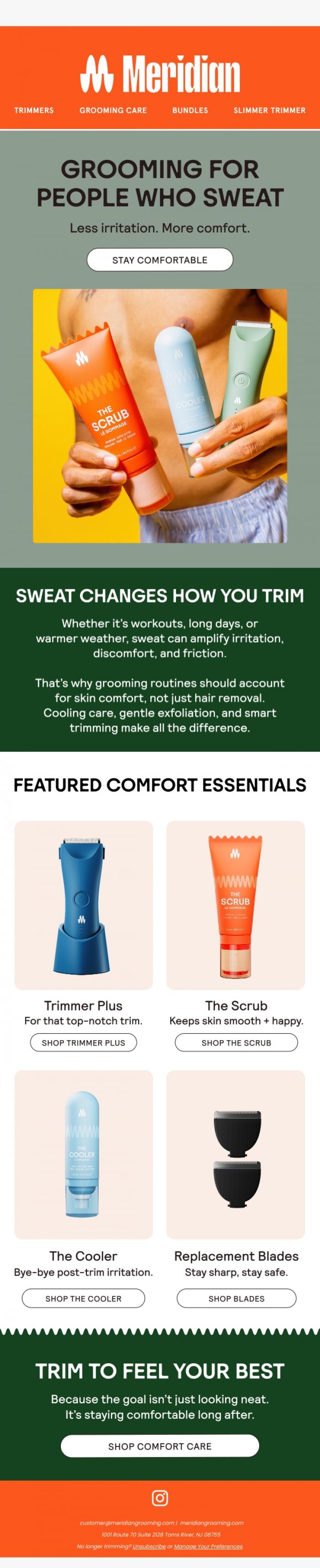 Email Design Inspiration from Meridian, Sweat Happens. Irritation Doesn't Have To.