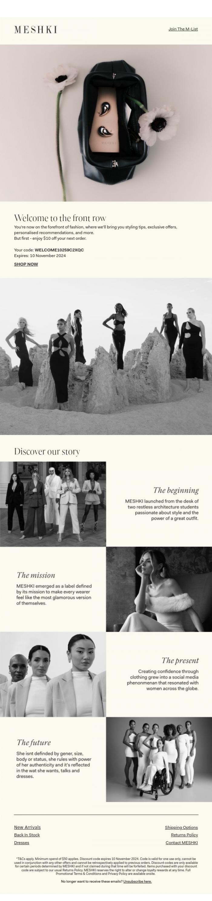 Email Design Inspiration from MESHKI, Welcome to the front row .